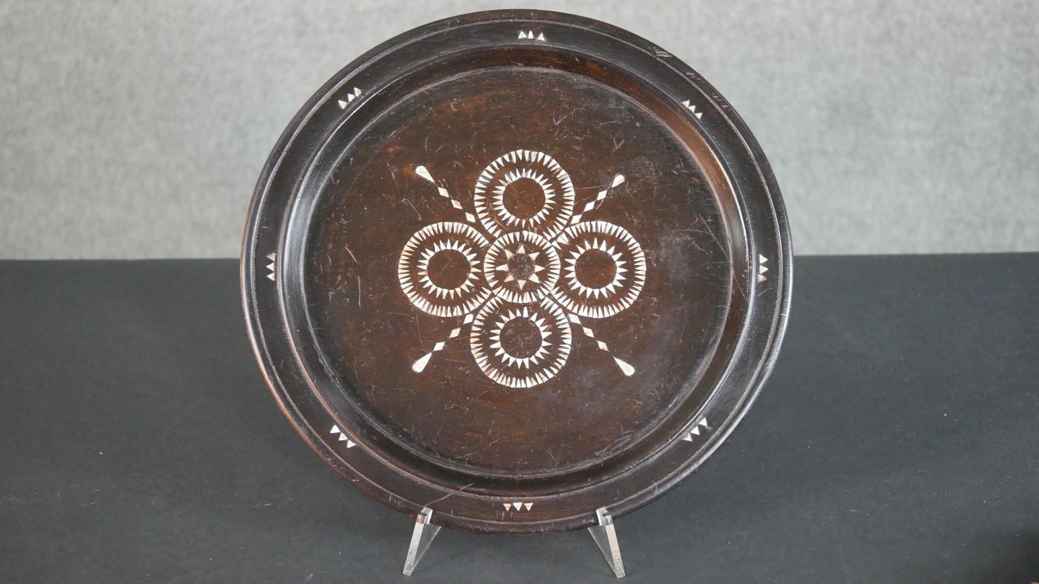 A 19th century Chinese bamboo folding travel head rest along with a carved plate inlaid with a - Image 7 of 10