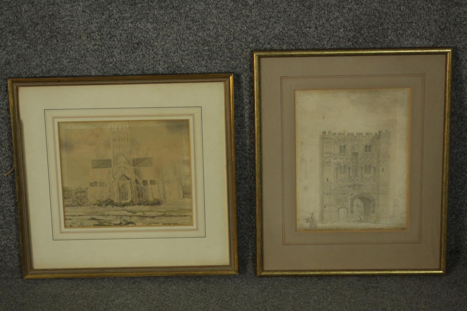 A framed and glazed watercolour of a church along with a pencil drawing of a similar subject. Both