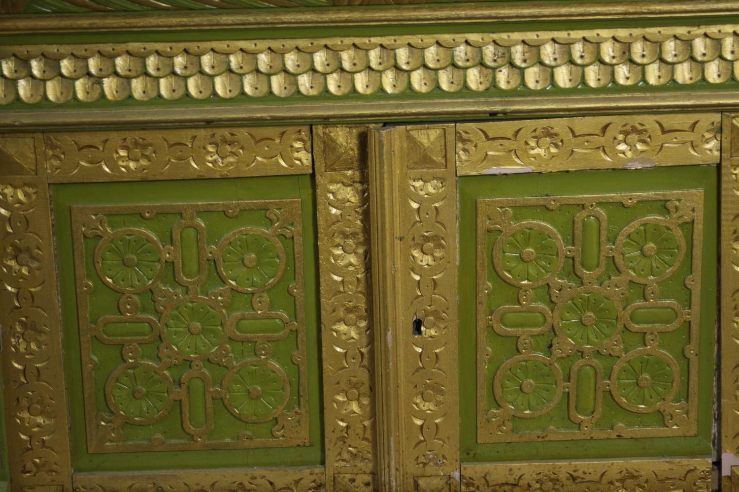 A green painted and parcel gilt cabinet, with a gadrooned cornice, above a frieze of scales, over - Image 3 of 13