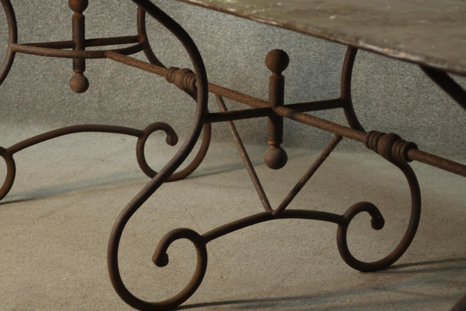 A French wrought iron table, possibly a baker's table, with a rectangular metal top, on scrolling - Image 5 of 8