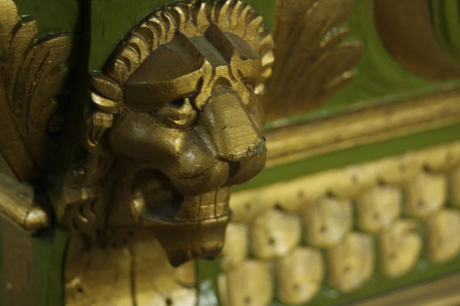 A green painted and parcel gilt cabinet, with a gadrooned cornice, above a frieze of scales, over - Image 9 of 13