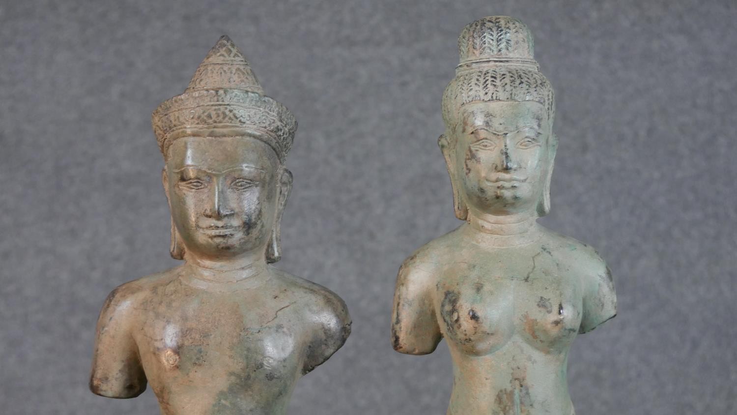 Two Khmer style bronze effect metal figures of two deities on display stands. H.46cm (largest) - Image 2 of 9