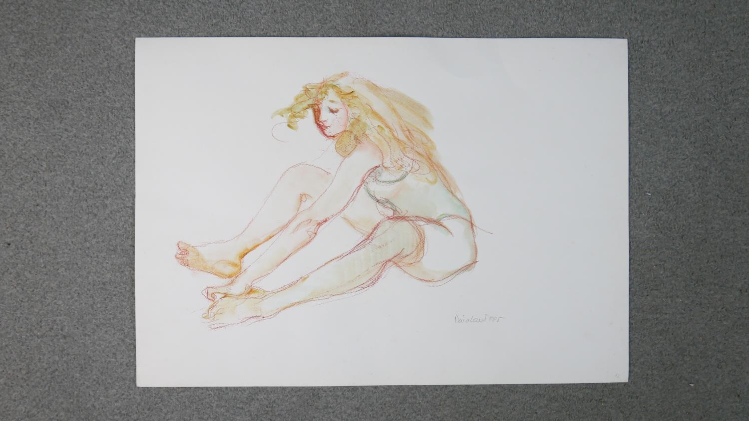 Dina Larot- 1942, watercolour and red chalk on paper, seated female touching toes, signed and - Image 2 of 5