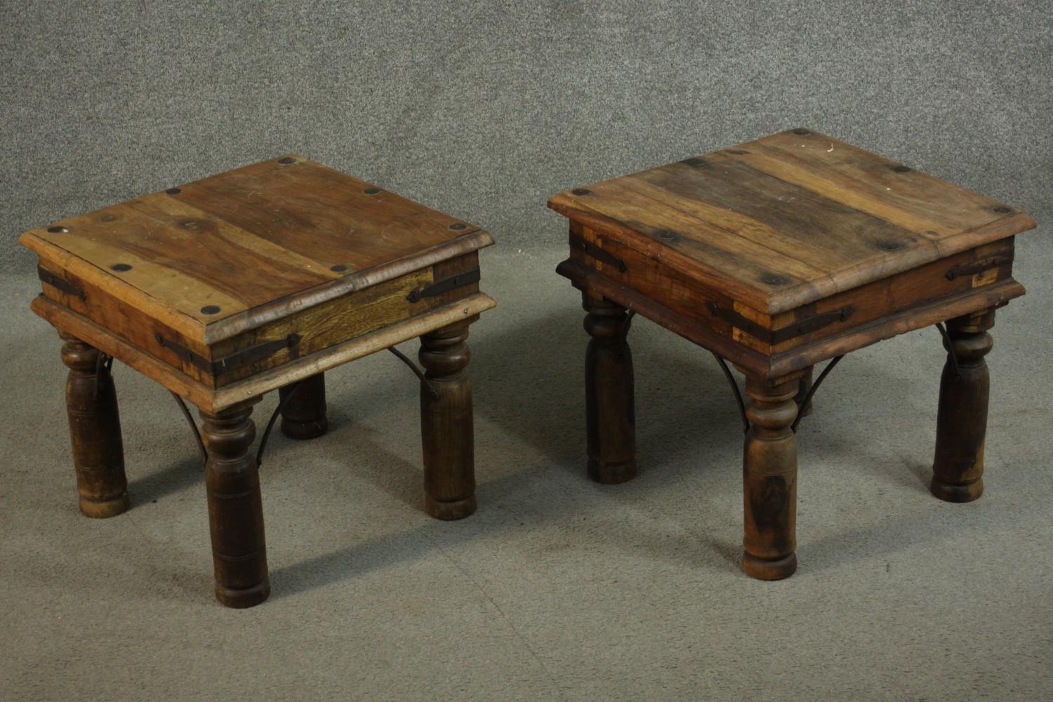 A pair of small Indian sheesham wood coffee tables, the square top with studded details, over iron - Image 3 of 6