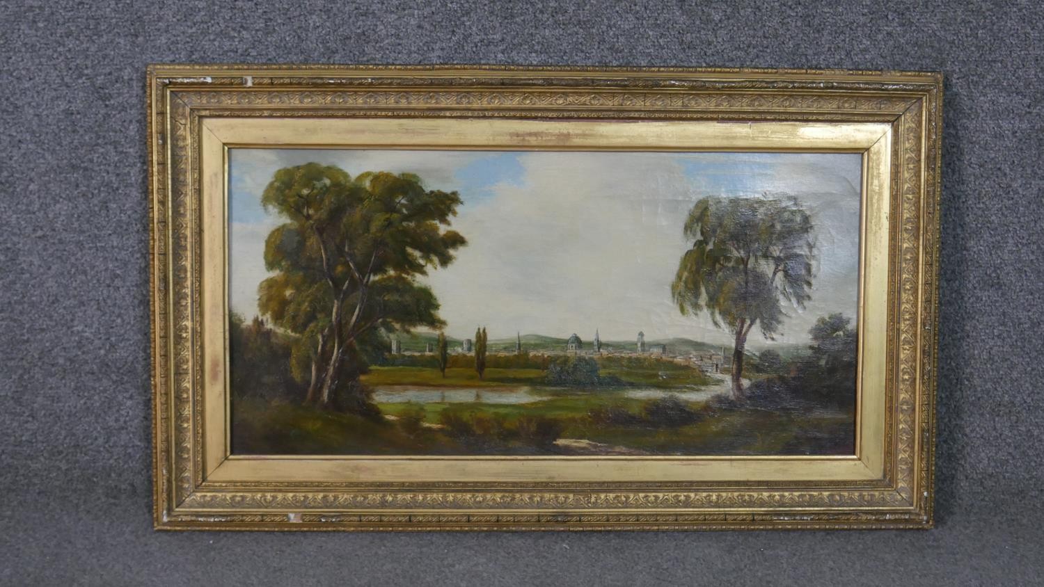 A gilt framed 19th century oil on canvas, Continental landscape, signed J Knights. Label verso. H.44 - Image 2 of 7