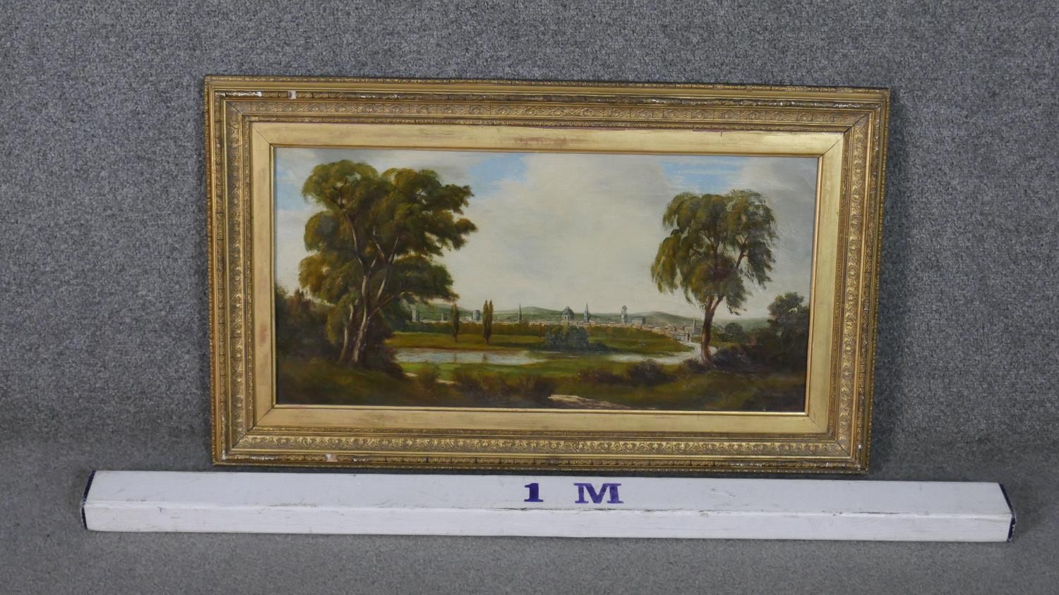 A gilt framed 19th century oil on canvas, Continental landscape, signed J Knights. Label verso. H.44 - Image 3 of 7