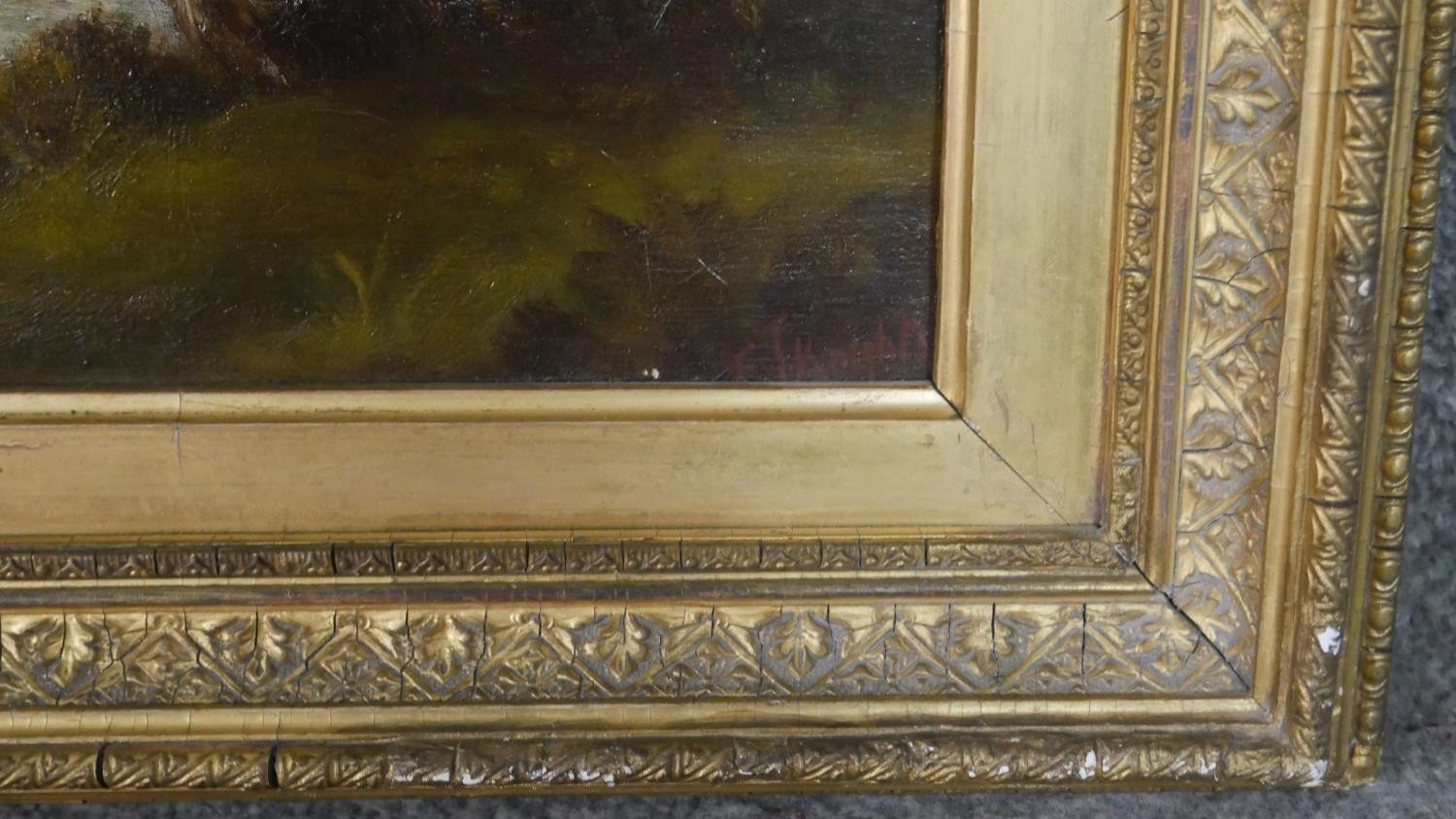 A gilt framed 19th century oil on canvas, Continental landscape, signed J Knights. Label verso. H.44 - Image 5 of 7