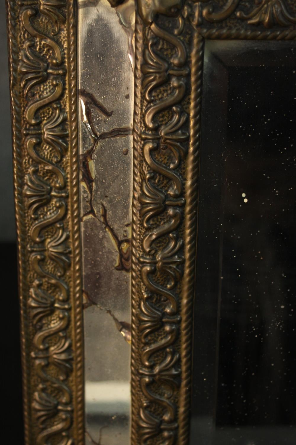 A 19th century Dutch pressed brass wall mirror, of rectangular form, within a marginal frame, with - Image 5 of 7