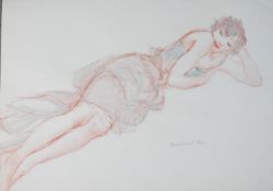 Dina Larot- 1942, watercolour and red chalk on paper, reclining female nude with short hair,