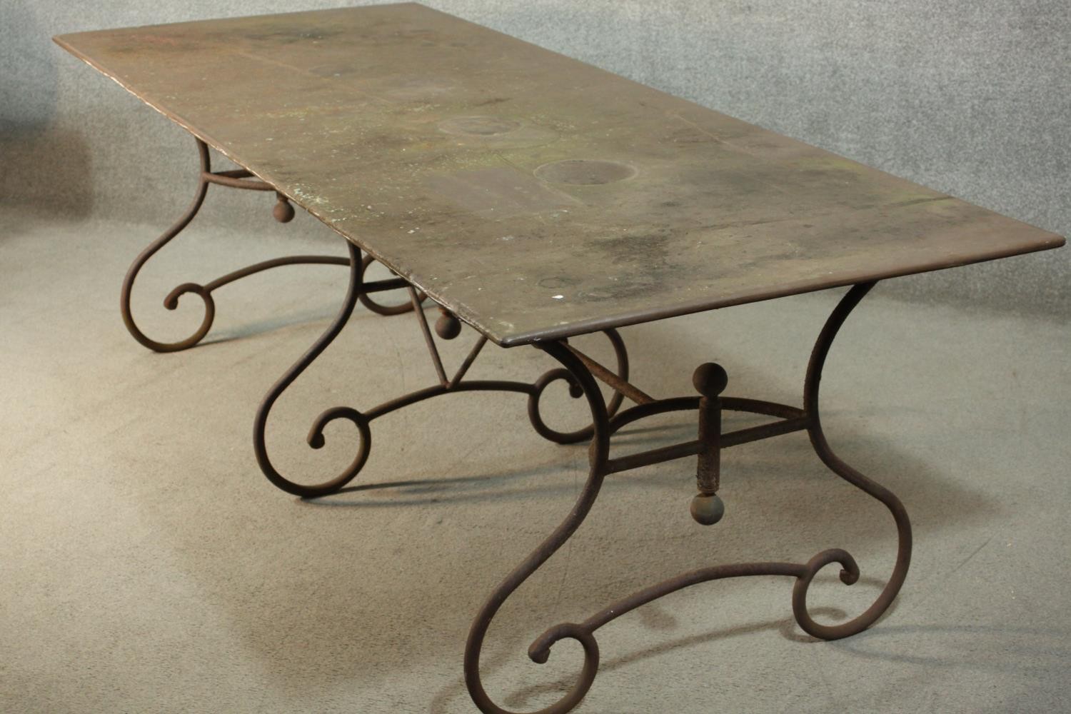 A French wrought iron table, possibly a baker's table, with a rectangular metal top, on scrolling - Image 3 of 8