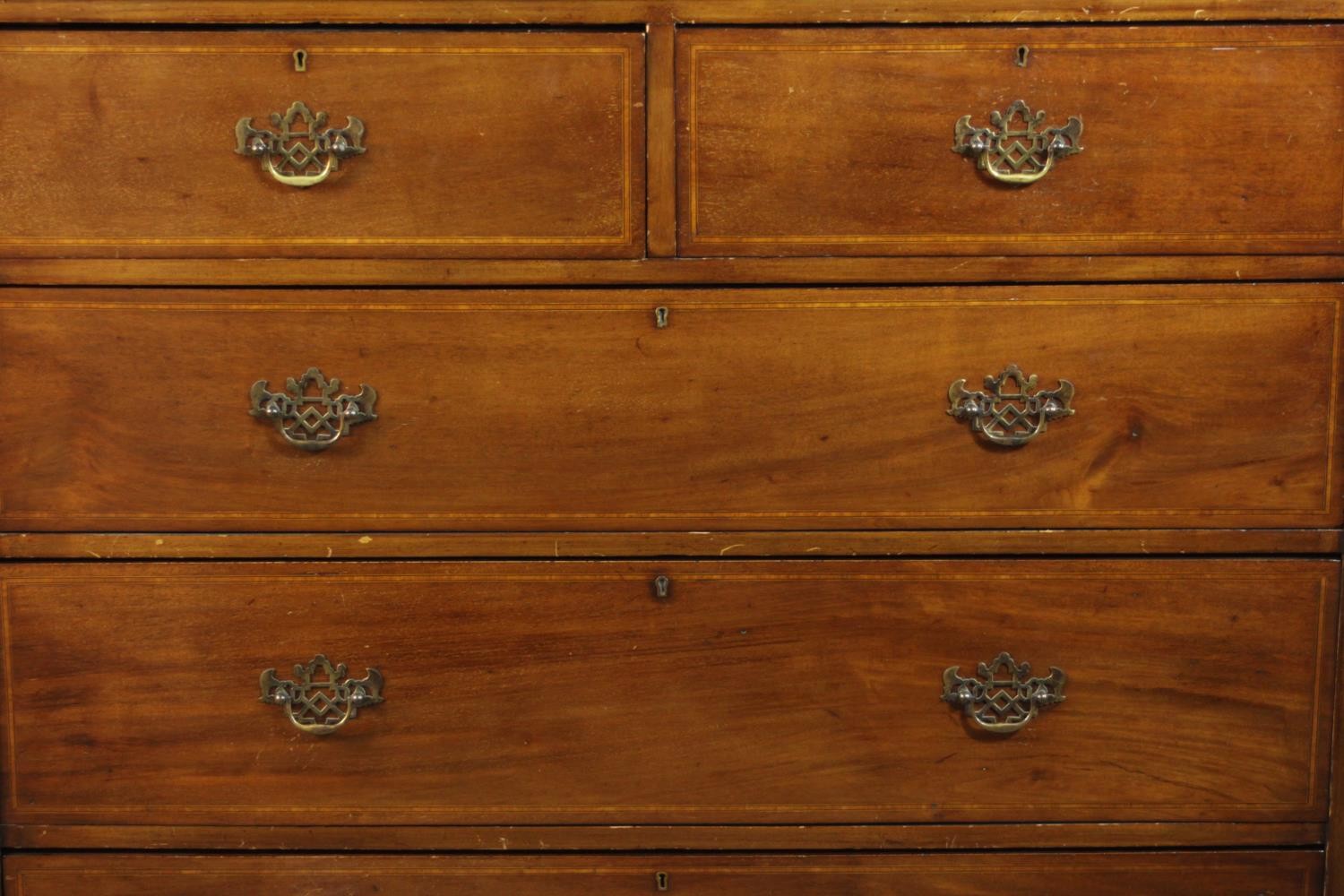 A Victorian walnut and line inlaid chest of two short over three long drawers, on ogee feet. H.115 - Image 3 of 9