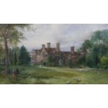 After Joseph Nash, oil on canvas of a Victorian country house with figures in the garden,