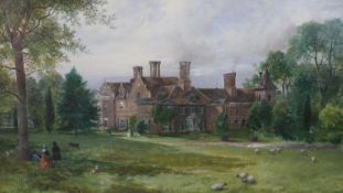After Joseph Nash, oil on canvas of a Victorian country house with figures in the garden,
