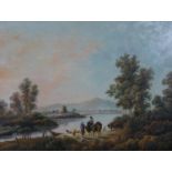 A moulded gilt framed 19th century oil on board of a river landscape with figures and horses.