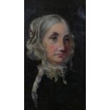 A carved giltwood framed oil on canvas portrait of an elderly lady in a lace collar. Unsigned. H.