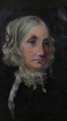 A carved giltwood framed oil on canvas portrait of an elderly lady in a lace collar. Unsigned. H.