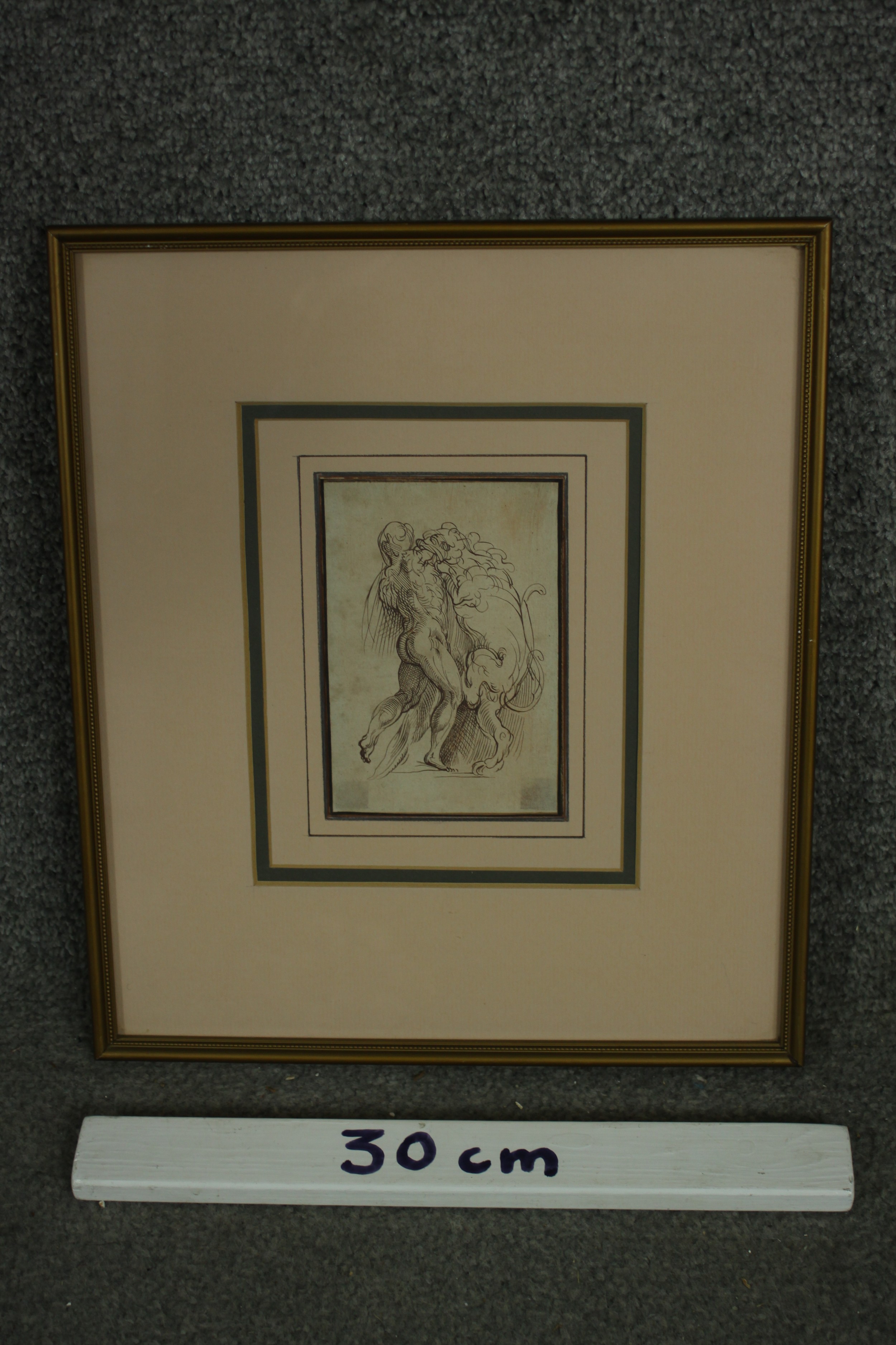 A framed and glazed 19th century pen study of a gladiator fighting with a lion. Unsigned. H.34 W. - Image 3 of 3