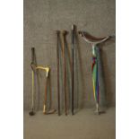 A collection of three walking canes, one Chinese with a silver top along with an umbrella/shooting