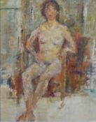 A gilt framed oil on board, seated nude study. Unsigned. H.69 W.59cm