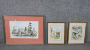 Three framed and glazed pen and watercolour landscape and townscapes, indistinctly signed and dated.
