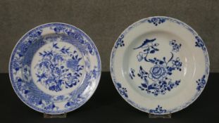 Two 18th century export ware blue and white hand painted porcelain bowls. Each decorated with a