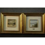 A pair of gilt framed oils on board, one riverscape and one of a shoreline. Signed Morini F. H.34