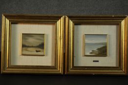 A pair of gilt framed oils on board, one riverscape and one of a shoreline. Signed Morini F. H.34