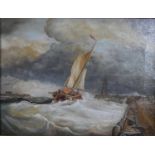 After Thomas Bush Hardy, oil on canvas of sailing boat in rough seas, signed T.B.Hardy. H.53 W.62cm