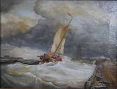 After Thomas Bush Hardy, oil on canvas of sailing boat in rough seas, signed T.B.Hardy. H.53 W.62cm