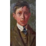 A gilt framed oil on board of a young boy in a brown suit. Unsigned. H.43 W.32cm.