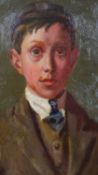 A gilt framed oil on board of a young boy in a brown suit. Unsigned. H.43 W.32cm.