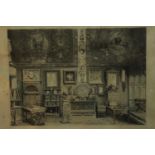 A framed and glazed 19th engraving of an interior room. Indistinctly signed and inscribed. (water