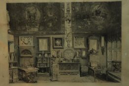 A framed and glazed 19th engraving of an interior room. Indistinctly signed and inscribed. (water