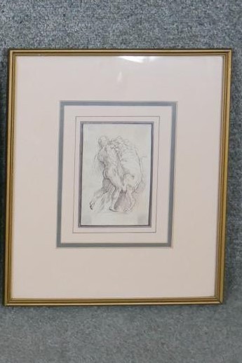 A framed and glazed 19th century pen study of a gladiator fighting with a lion. Unsigned. H.34 W. - Image 2 of 3
