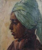 A framed oil on canvas portrait of a young boy in a turban, monogrammed ES. Gallery label verso. H.