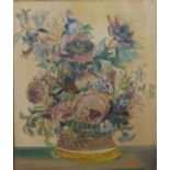 A moulded gold painted framed oil on canvas of a still life of a vase of flowers, unsigned. H.77 W.