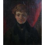 A carved giltwood framed oil on canvas portrait of a smartly dressed young boy. Unsigned. H.37 W.