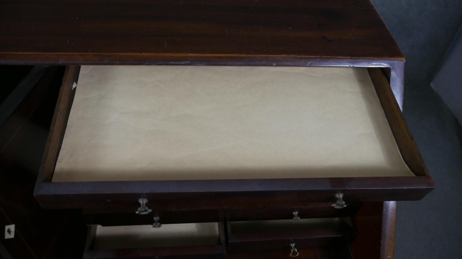 A George III mahogany bureau, the fall front opening to reveal a central cupboard door, drawers - Image 8 of 14