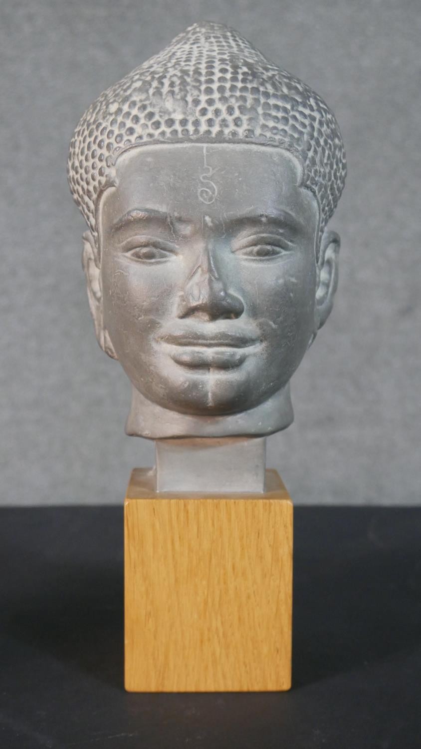 Two bust figures, one tribal carved hardwood and the other a Louvre Museum replica of an Angkor - Image 2 of 7
