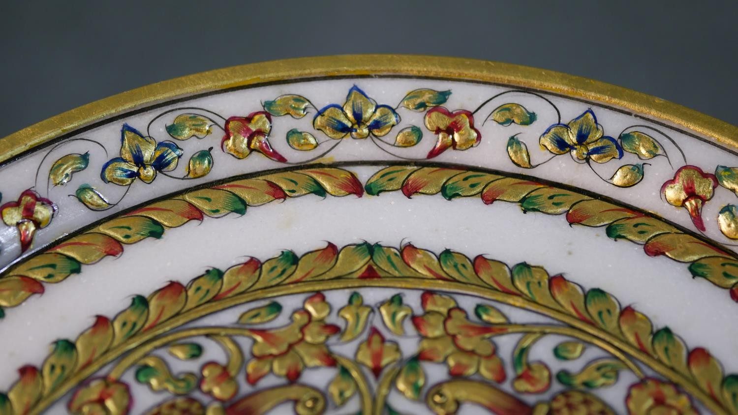 A boxed Indian hand painted and gilded white marble dish, decorated with birds, fish and flowers. - Image 3 of 7