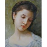 A gilt framed oil on canvas portrait of a young woman with plaited hair. H.69 W.57cm.