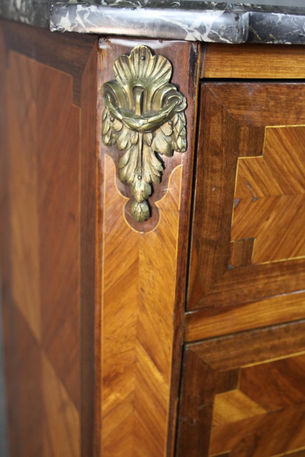 A French marble topped crossbanded and herringbone inlaid kingwood tall boy chest of seven long - Image 6 of 13