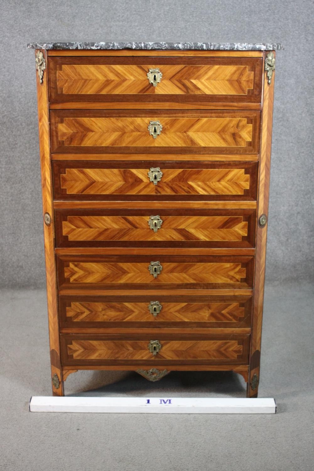 A French marble topped crossbanded and herringbone inlaid kingwood tall boy chest of seven long - Image 2 of 13