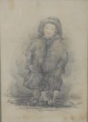 A framed and glazed Victorian pencil and watercolour drawing of a young French boy, indistinctly