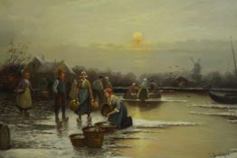 F. Munsterfeld, Dutch Riverside Scene, oil on canvas, signed lower right. H.90 W.105cm.