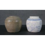 Two 19th century provincial Chinese ginger jars. The blue and white jar with a mountainous village