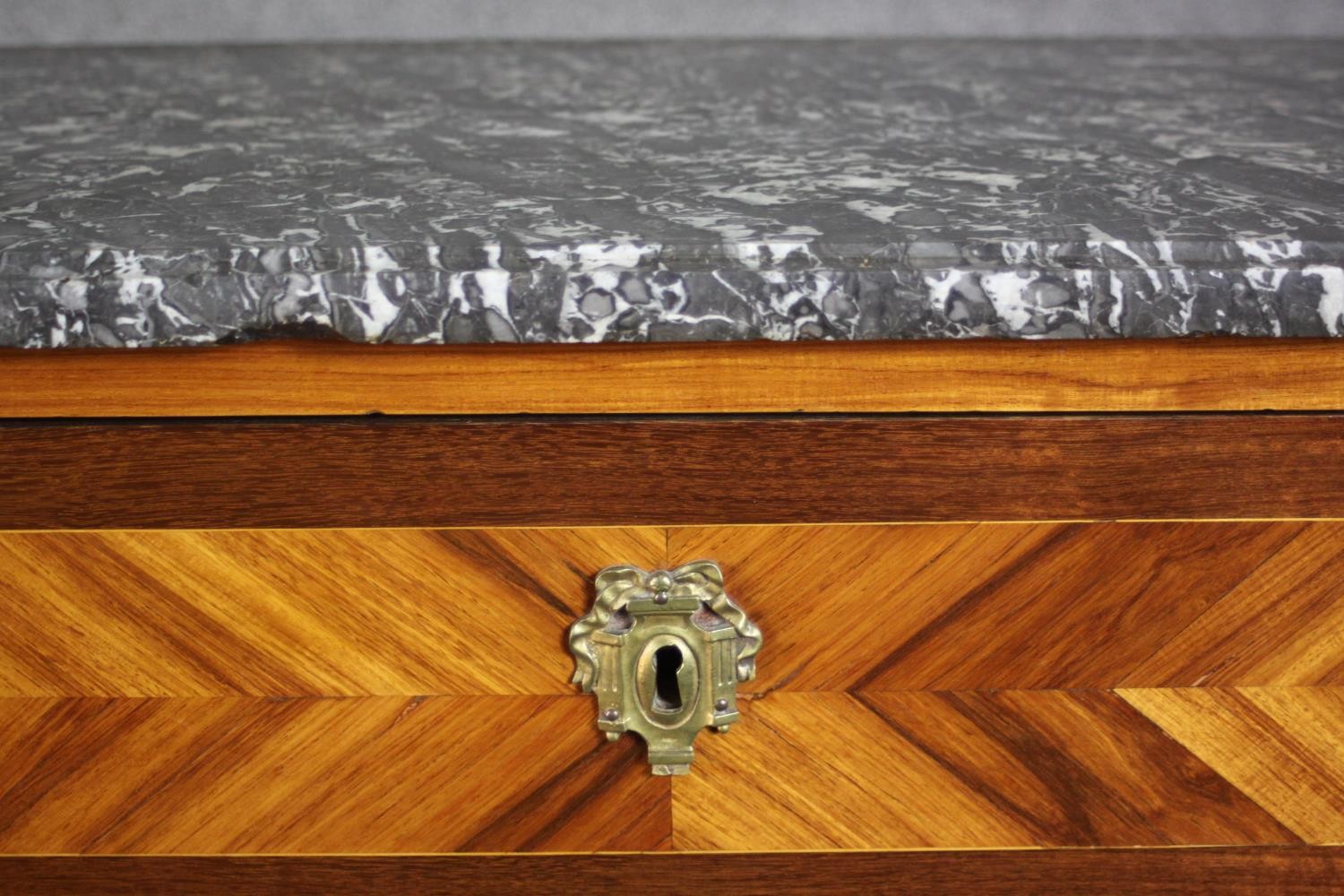 A French marble topped crossbanded and herringbone inlaid kingwood tall boy chest of seven long - Image 4 of 13