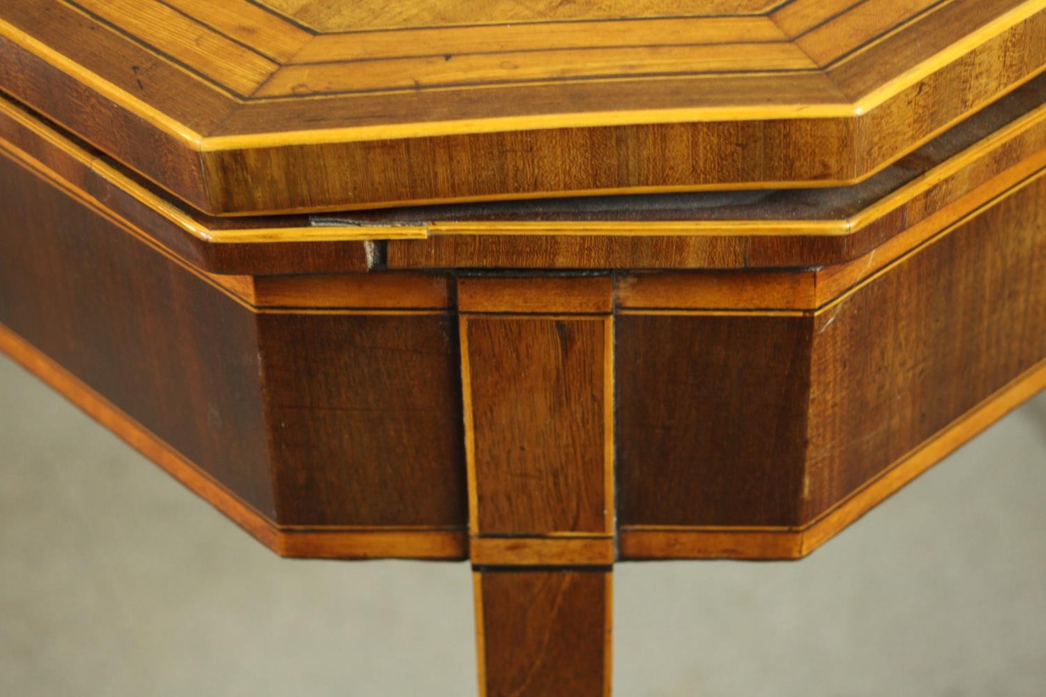 A Sheraton style mahogany card table, the rectangular top with canted corners, crossbanded with - Image 5 of 10