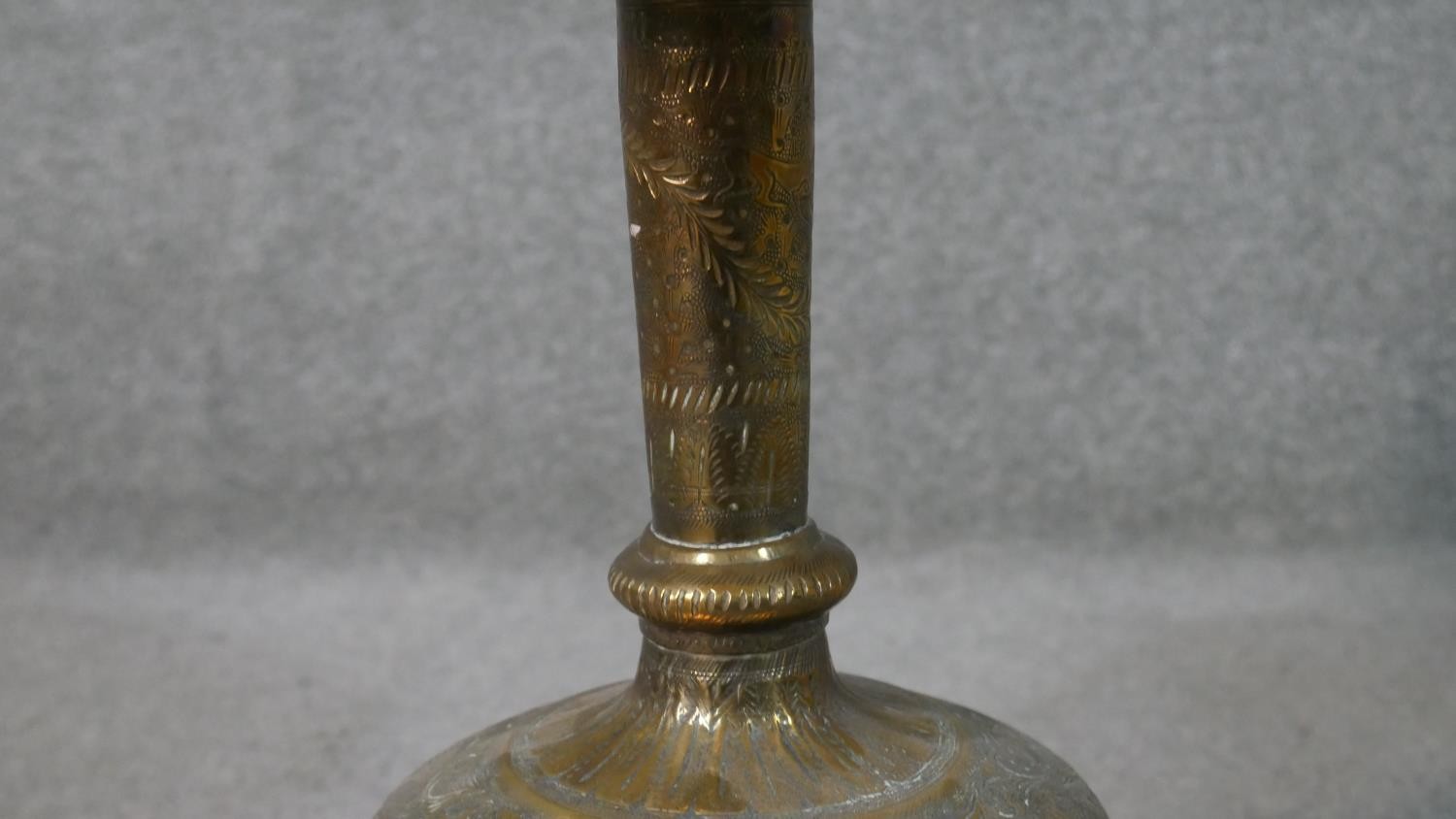 A pair of Indian engraved brass vases converted into table lamps, each with a figural design. H.60cm - Image 8 of 10