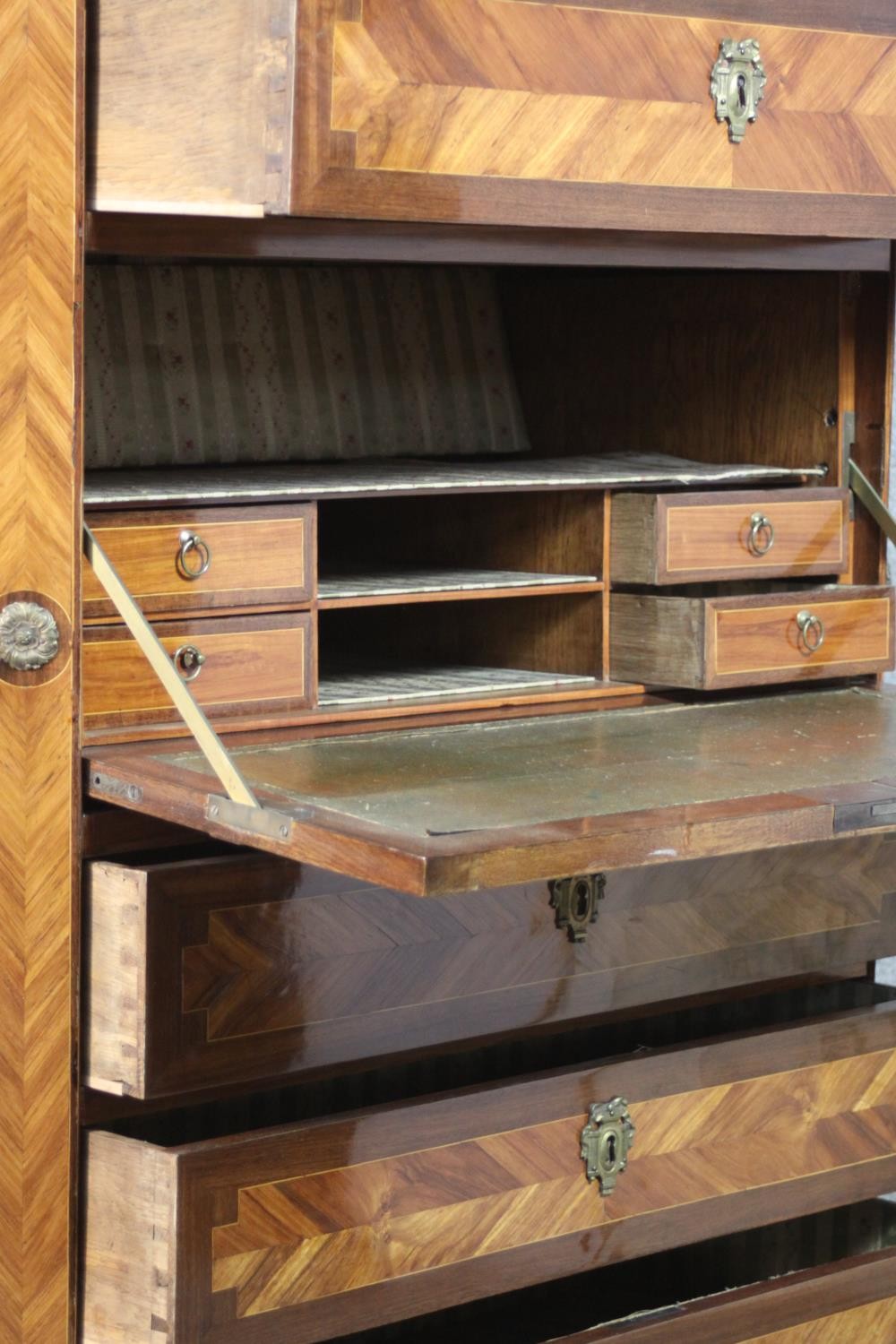 A French marble topped crossbanded and herringbone inlaid kingwood tall boy chest of seven long - Image 12 of 13